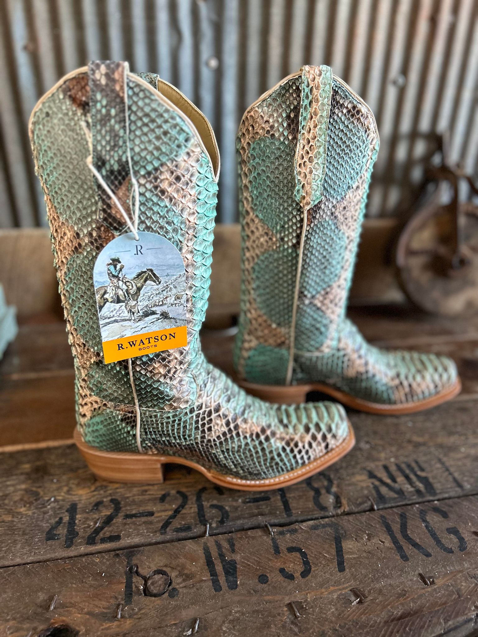 Women's R. Watson Teal and Copper Python Boot-Women's Boots-R. Watson-Lucky J Boots & More, Women's, Men's, & Kids Western Store Located in Carthage, MO