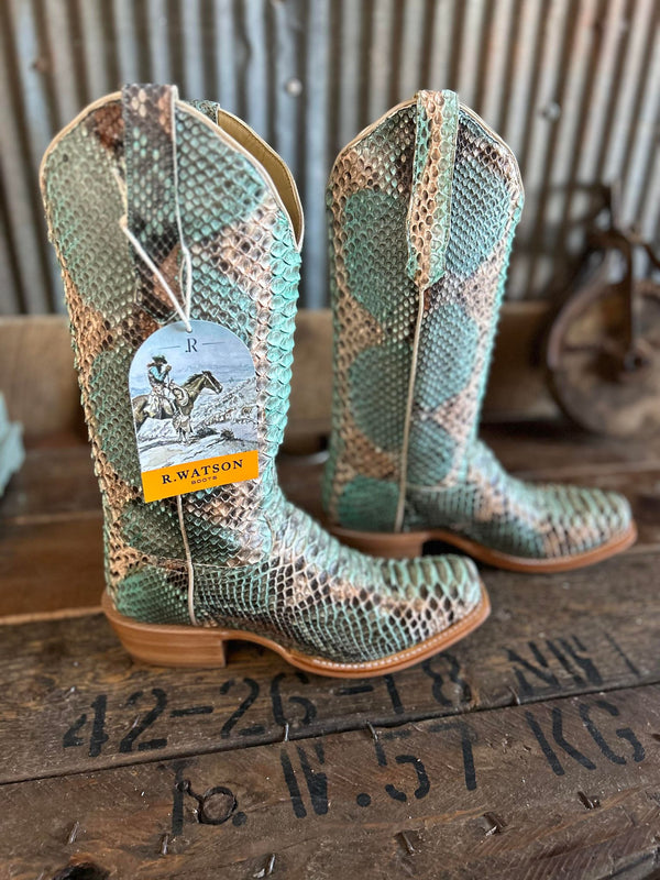 Women's R. Watson Teal and Copper Python Boot-Women's Boots-R. Watson-Lucky J Boots & More, Women's, Men's, & Kids Western Store Located in Carthage, MO
