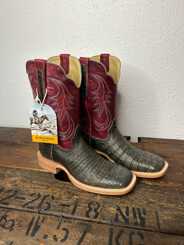 Men's R. Watson Nubuck Charcoal Caiman Belly Boot-Men's Boots-R. Watson-Lucky J Boots & More, Women's, Men's, & Kids Western Store Located in Carthage, MO