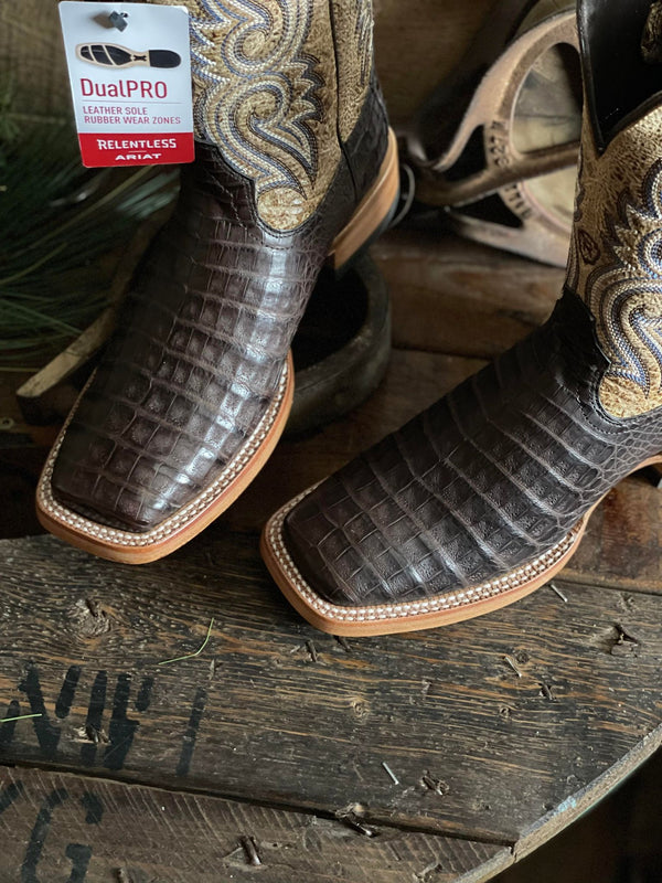 Men's Relentless Ariat Denton Chocolate Caiman Belly Boot-Men's Boots-Ariat-Lucky J Boots & More, Women's, Men's, & Kids Western Store Located in Carthage, MO