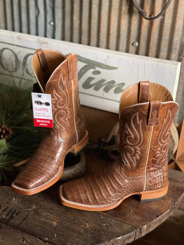 Men's Relentless Ariat Denton Natural Caiman Belly Boot-Men's Boots-Ariat-Lucky J Boots & More, Women's, Men's, & Kids Western Store Located in Carthage, MO