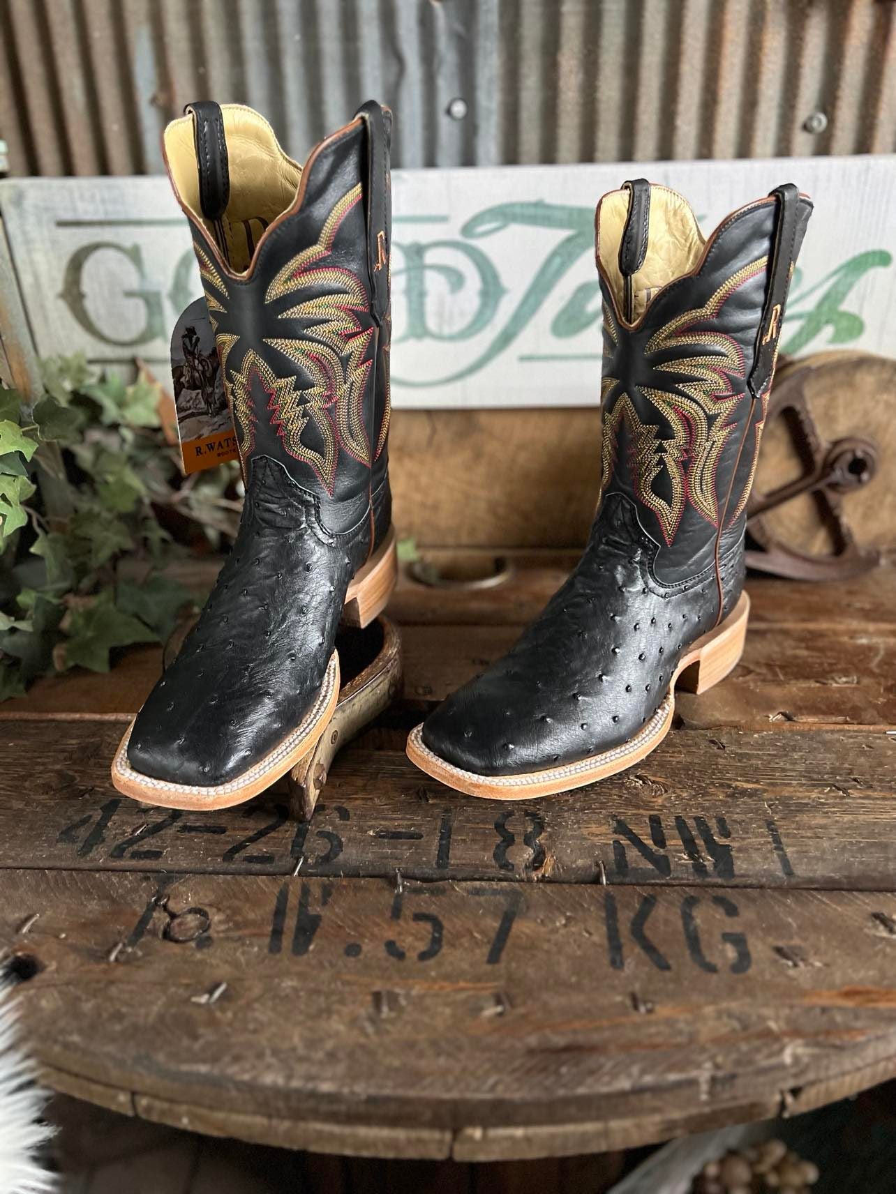 Men's R. Watson Black Full Quill Ostrich Boot-Men's Boots-R. Watson-Lucky J Boots & More, Women's, Men's, & Kids Western Store Located in Carthage, MO