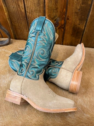 Hyer boots, Women's Salina boot, sand roughout boots, western boots for women, teal cowgirl boots, roughout leather boots, Hyer Salina Sand, performance western footwear.