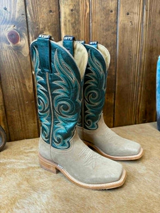Hyer boots, Women's Salina boot, sand roughout boots, western boots for women, teal cowgirl boots, roughout leather boots, Hyer Salina Sand, performance western footwear.