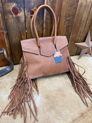American Darling Lila, leather fringe tote, western statement handbag, tan leather purse, handmade leather bag, fringe western tote, cowgirl chic handbag