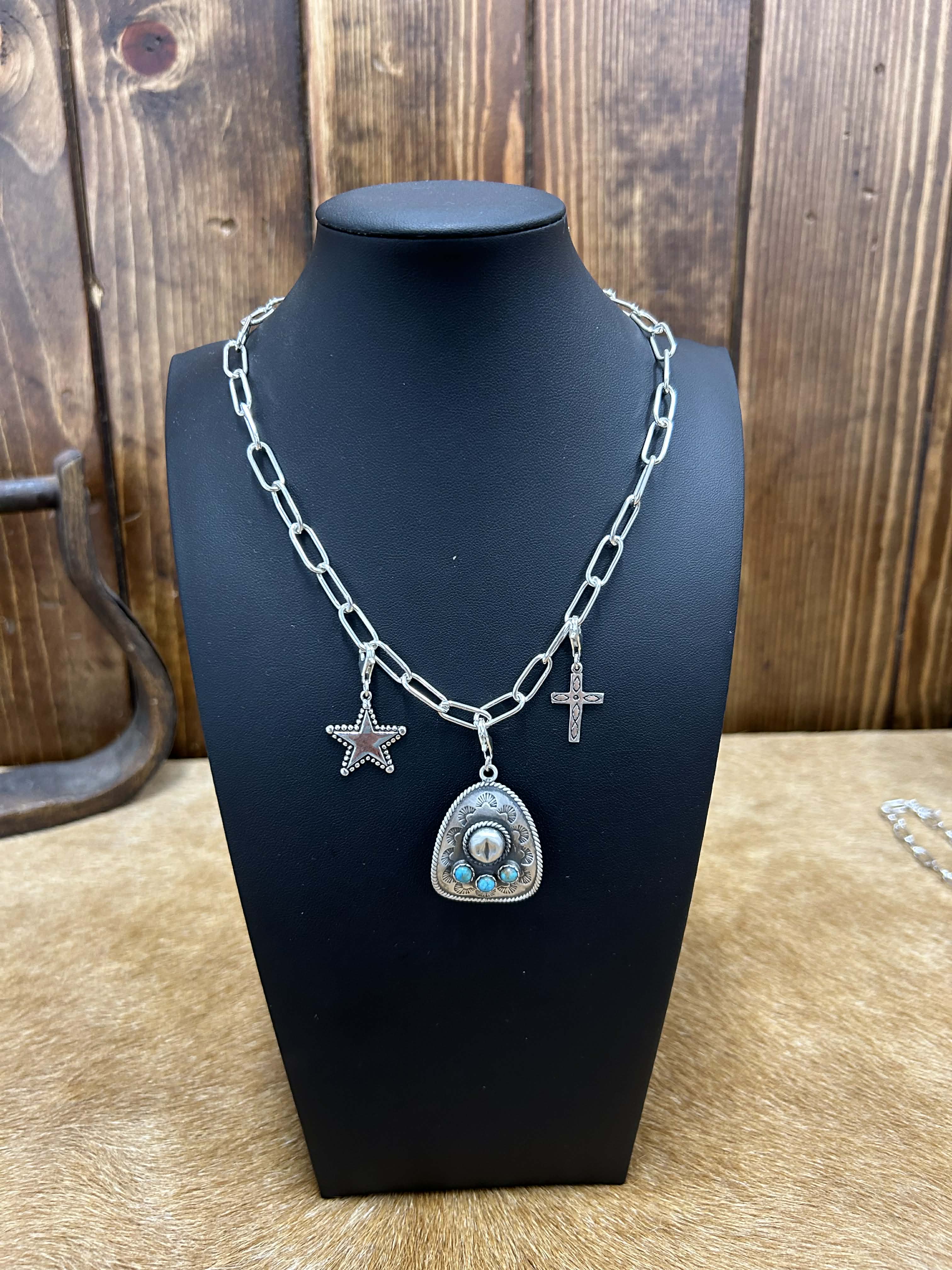 Sterling Silver Charm Necklaces-Necklaces-LJ Turquoise-Lucky J Boots & More, Women's, Men's, & Kids Western Store Located in Carthage, MO