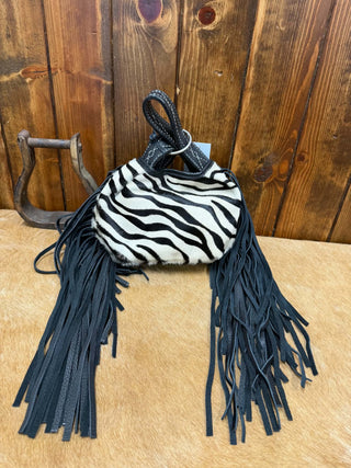 Zebra print wristlet, fringe cowhide bag, western hair on hide purse, boho fringe clutch, Inaya zebra bag, handmade leather wristlet, western fashion accessories.