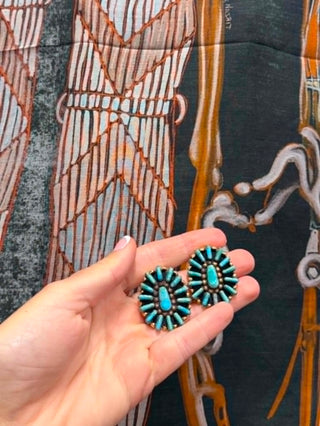 Turquoise cluster earrings, brass post earrings, southwestern jewelry, boho stud earrings, vintage-inspired jewelry, turquoise bohemian earrings, Layla earrings, western chic accessories.