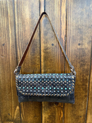 Kurtmen Wrenly clutch, western leather handbag, boho studded crossbody, turquoise crystal purse, handcrafted western bag, green leather clutch, western evening bag.