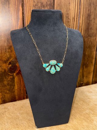 Isla necklace, turquoise statement necklace, brass jewelry, boho half cluster necklace, sunburst pendant, Southwestern style, paperclip chain necklace, handcrafted jewelry
