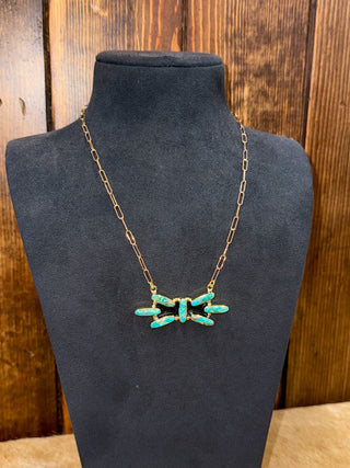 Turquoise necklace, brass jewelry, elongated cluster, Western necklace, bohemian style, link chain necklace, women's accessories, handmade style jewelry, Southwest fashion.