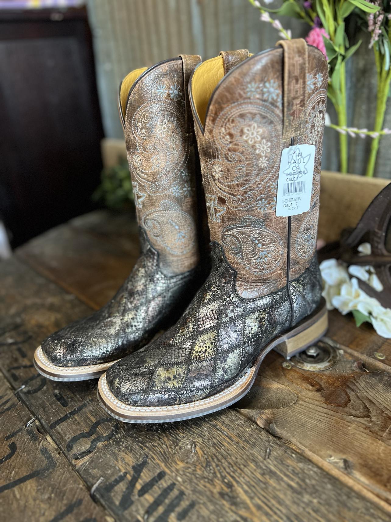 Women's Tin Haul Paisely Python Square Toe Boots-Women's Boots-Tin Haul-Lucky J Boots & More, Women's, Men's, & Kids Western Store Located in Carthage, MO