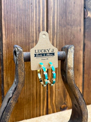 Turquoise hoop earrings, brass jewelry, boho western accessories, blue stone hoops, lightweight everyday earrings, Southwest style jewelry, Emily earrings.