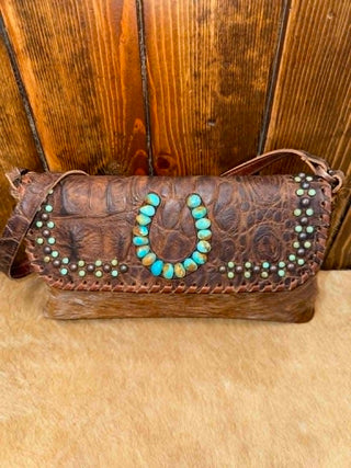 Kurtmen Sophie Purse, Western Crossbody Bag, Turquoise Horseshoe Clutch, Cowhide Leather Purse, Croc Embossed Handbag, Artisan Western Fashion, Boho Leather Bag.