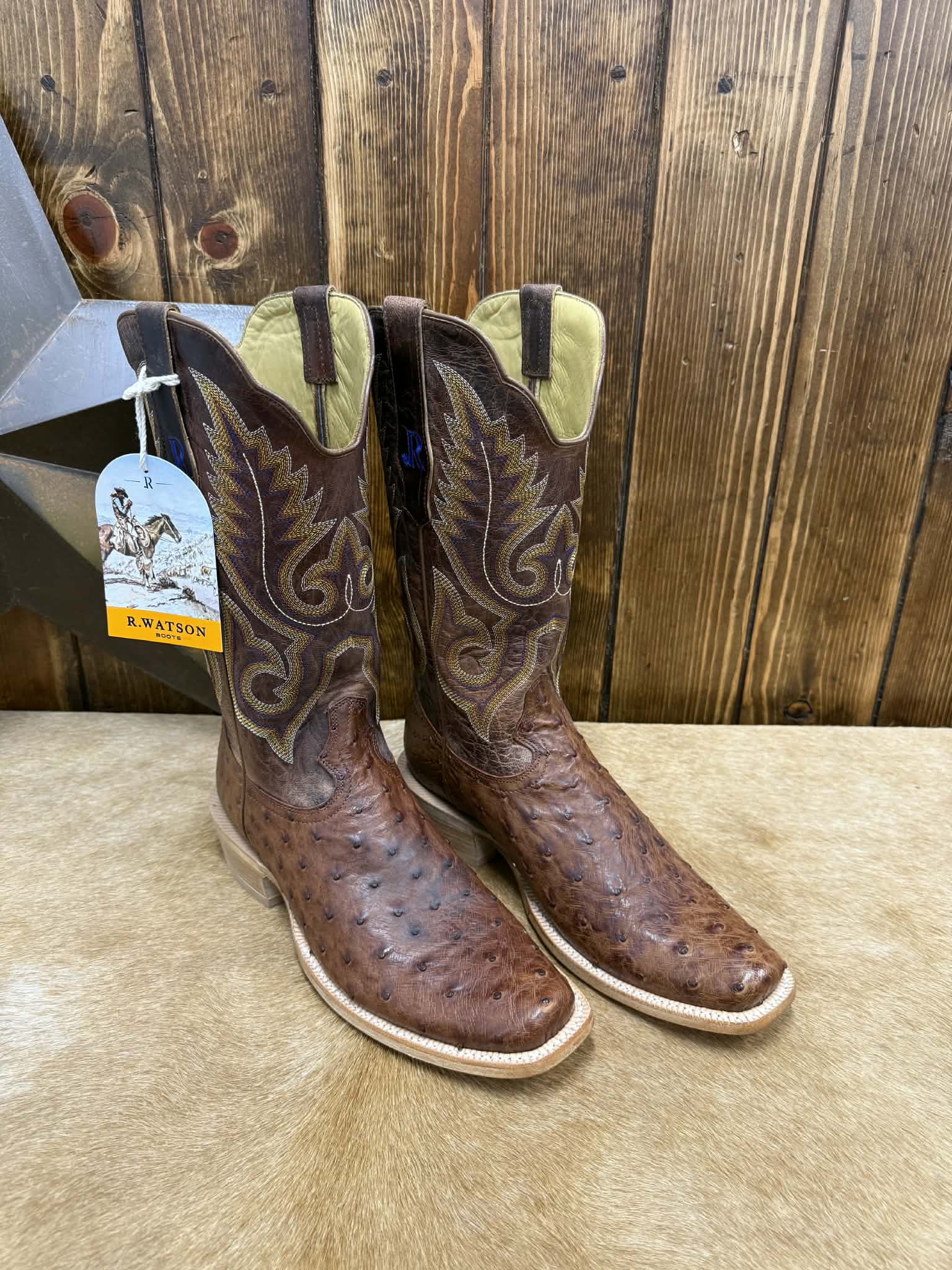 Men's R. Watson Brass Full Quill Ostrich Boot-Men's Boots-R. Watson-Lucky J Boots & More, Women's, Men's, & Kids Western Store Located in Carthage, MO