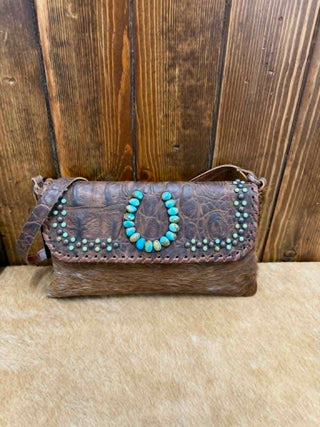 Kurtmen Sophie Purse, Western Crossbody Bag, Turquoise Horseshoe Clutch, Cowhide Leather Purse, Croc Embossed Handbag, Artisan Western Fashion, Boho Leather Bag.