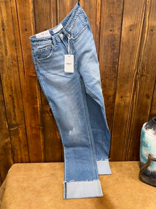 Vervet denim, high rise wide leg jeans, Eva slim wide leg, cuffed raw hem jeans, medium wash denim, comfort stretch jeans, women's boutique denim, trendy wide leg jeans.