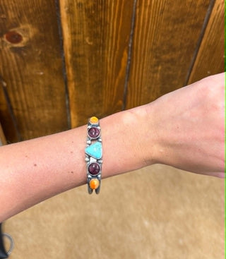 Darcie Cuff, Bobby Johnson jewelry, sterling silver cuff, multi stone bracelet, turquoise silver cuff, artisan jewelry, southwestern style, spiny oyster jewelry, handmade silver bracelet.