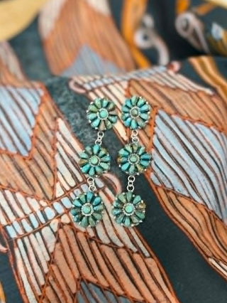Pair of authentic turquoise floral earrings on a patterned fabric background