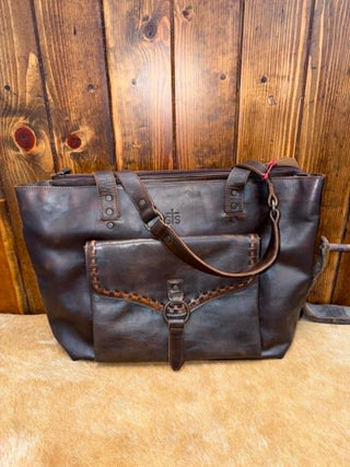 STS Ranchwear, chocolate leather tote, Western carry all bag, genuine leather handbag, women's rustic tote, Bandera leather collection, designer ranch bag.