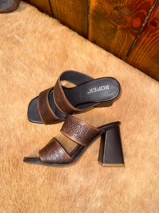 Women's Roper Stella Brown Tooled Leather Sandal