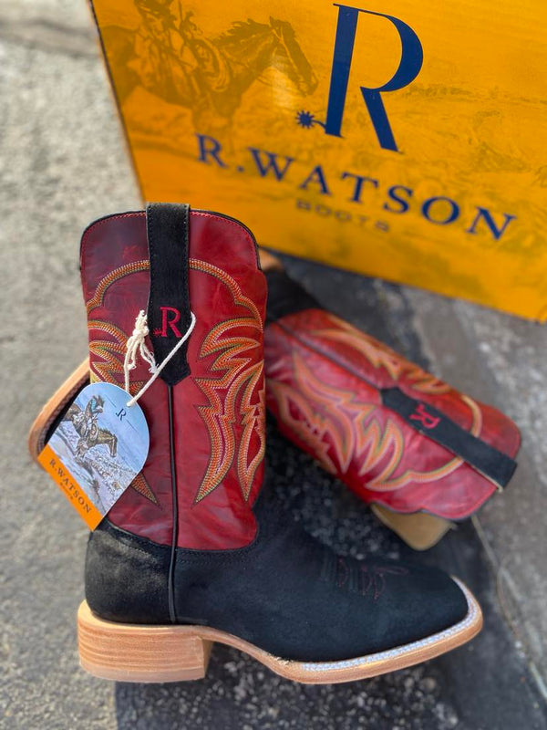 Men's R Watson Black Boar/ Barn Red Cowhide-Men's Boots-R. Watson-Lucky J Boots & More, Women's, Men's, & Kids Western Store Located in Carthage, MO