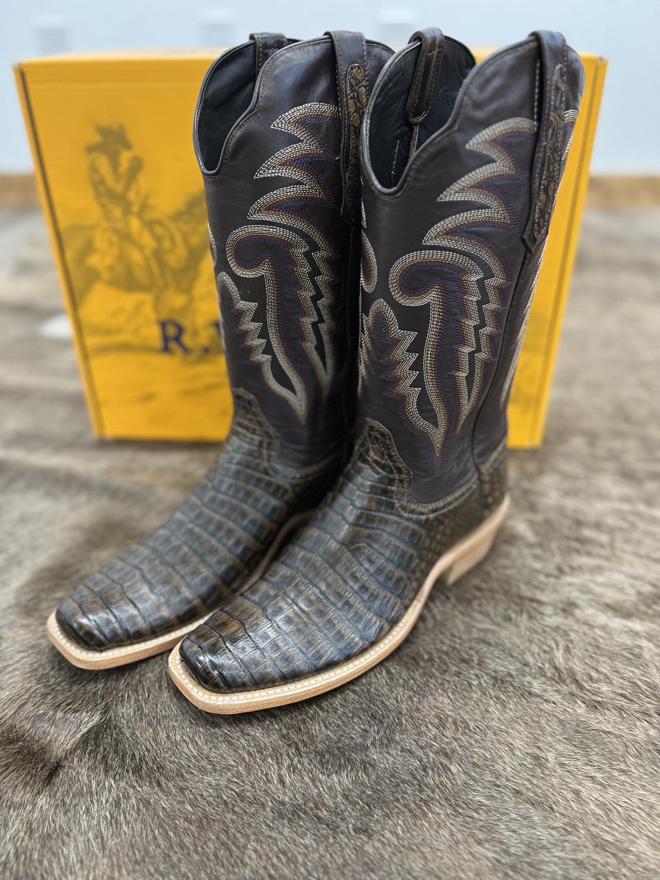 R. Watson Golden Chocolate Caiman Belly & Vintage Amber Calf-Men's Boots-R. Watson-Lucky J Boots & More, Women's, Men's, & Kids Western Store Located in Carthage, MO