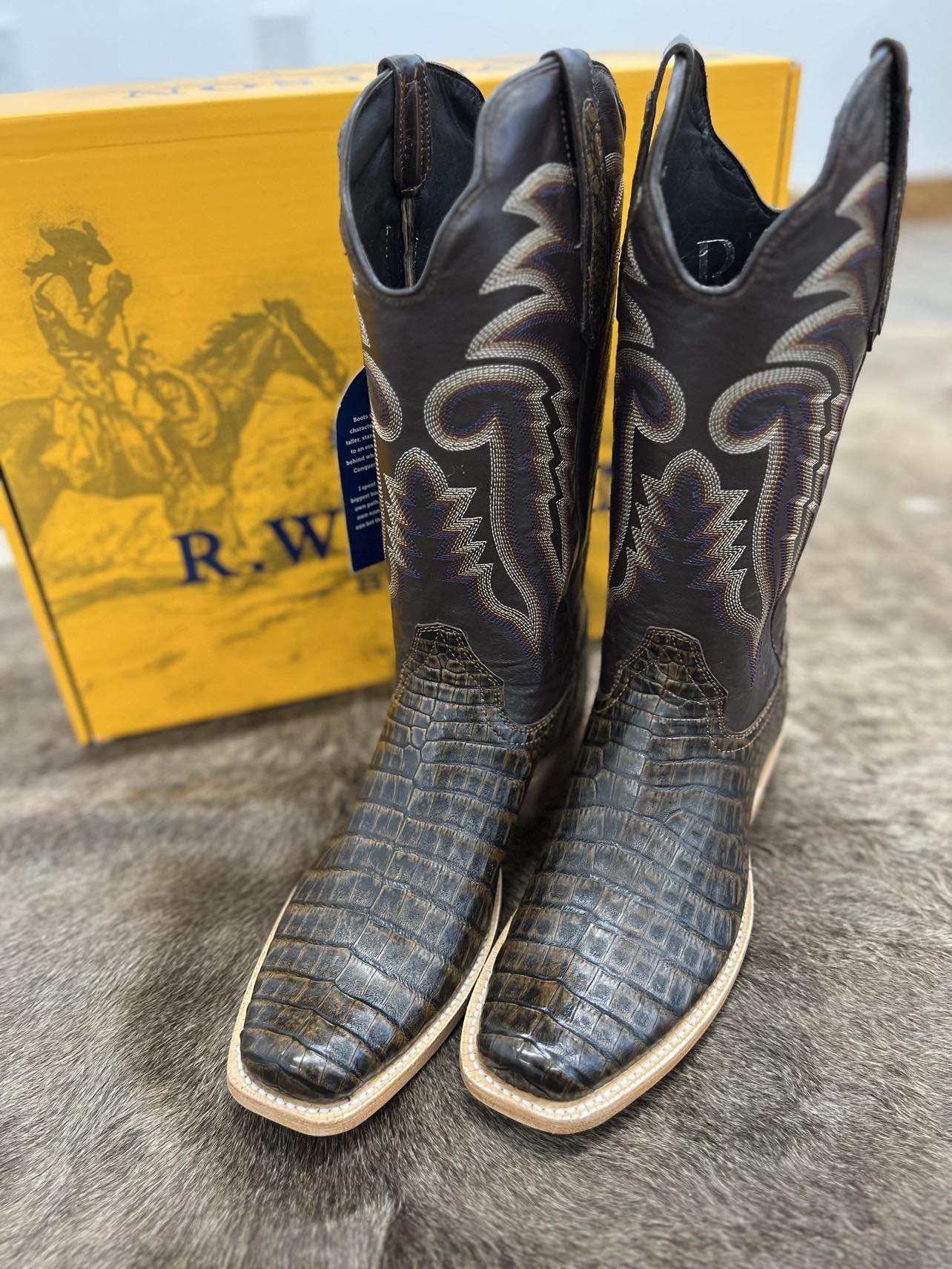 R. Watson Golden Chocolate Caiman Belly & Vintage Amber Calf-Men's Boots-R. Watson-Lucky J Boots & More, Women's, Men's, & Kids Western Store Located in Carthage, MO