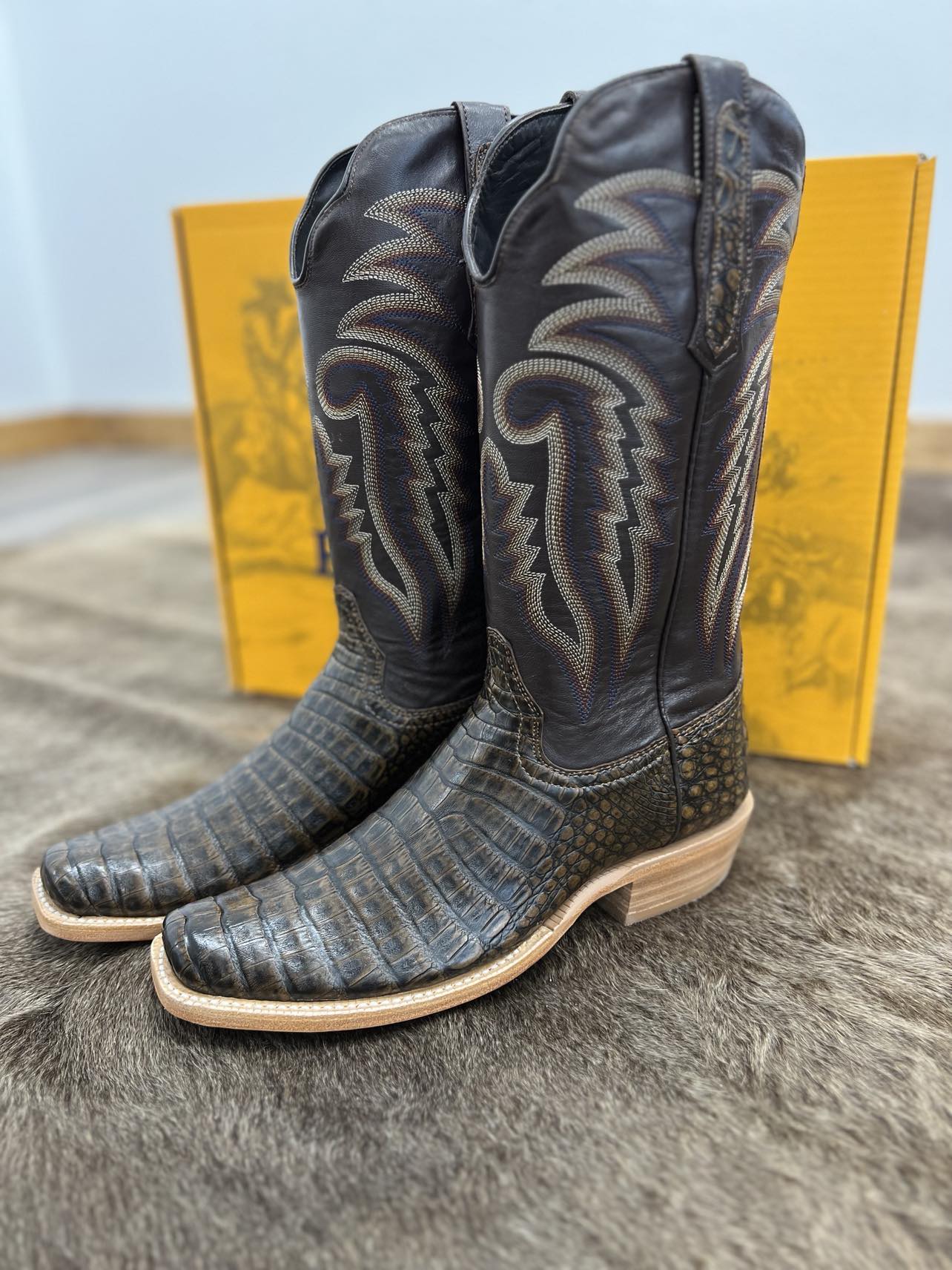 R. Watson Golden Chocolate Caiman Belly & Vintage Amber Calf-Men's Boots-R. Watson-Lucky J Boots & More, Women's, Men's, & Kids Western Store Located in Carthage, MO