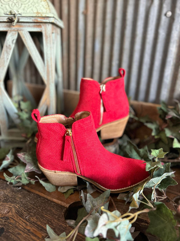 Boutique Spooktacular Red Suede Booties-Women's Booties-Corkys Footwear-Lucky J Boots & More, Women's, Men's, & Kids Western Store Located in Carthage, MO