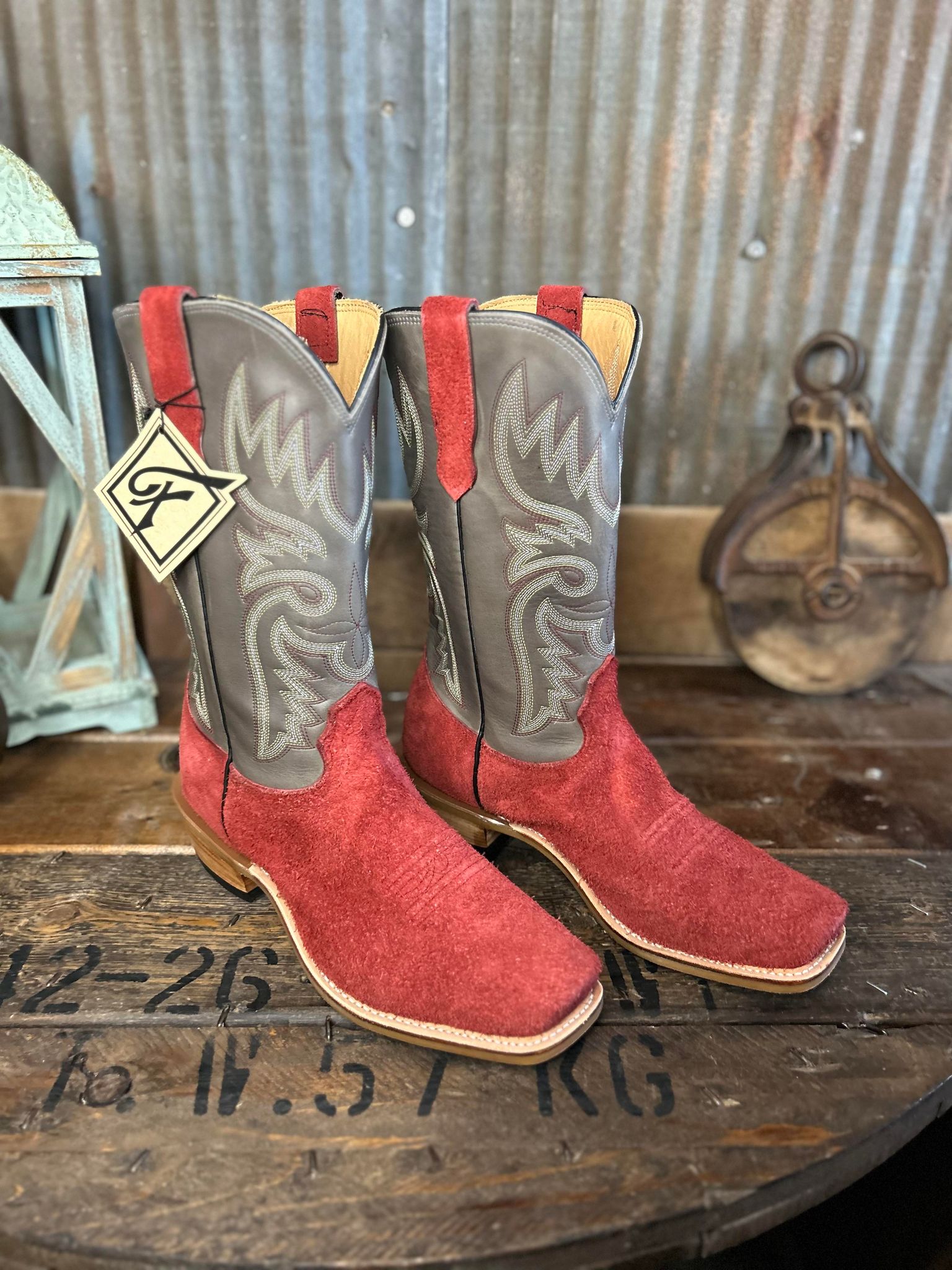 Men's Fenoglio Burgundy Roughout W/ Blue Eagle Boots-Men's Boots-Fenoglio Boots-Lucky J Boots & More, Women's, Men's, & Kids Western Store Located in Carthage, MO