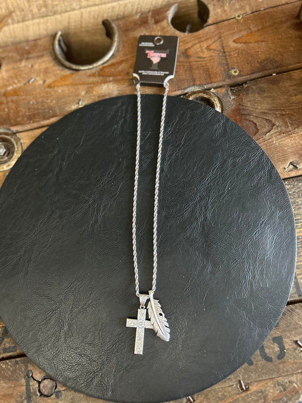 Men's Twister Silver Cross & Feather Necklace-Necklaces-M & F Western Products-Lucky J Boots & More, Women's, Men's, & Kids Western Store Located in Carthage, MO