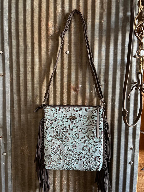 Justin North South Crossbody W/ Tooled Sunflower and Turquoise Wash-Handbags-TRENDITIONS-Lucky J Boots & More, Women's, Men's, & Kids Western Store Located in Carthage, MO