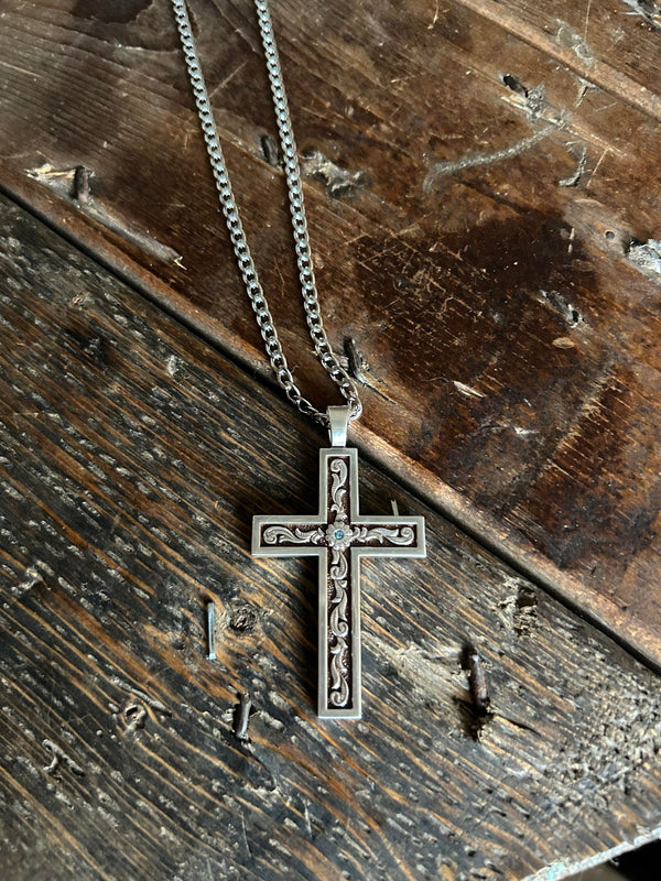 Twister Aqua Stone Silver Cross Necklace-Necklaces-M & F Western Products-Lucky J Boots & More, Women's, Men's, & Kids Western Store Located in Carthage, MO