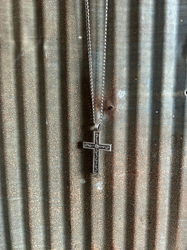 Twister Aqua Stone Silver Cross Necklace