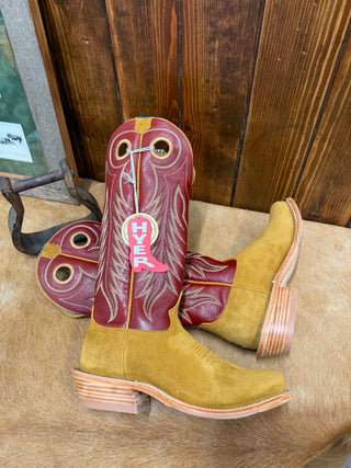 Hyer Caldwell boots, men's roughout cowboy boots, 16 inch buckaroo boots, bronze napped roughout, cutter toe western boots, walnut leather boots, performance cowboy boots, Hyer boots for men.
