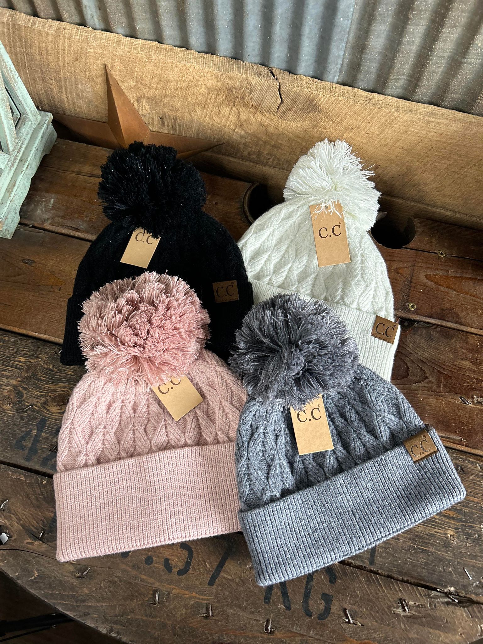 C.C Lurex Cable Knit Pom Beanie-Beanie/Gloves-C.C Beanies-Lucky J Boots & More, Women's, Men's, & Kids Western Store Located in Carthage, MO