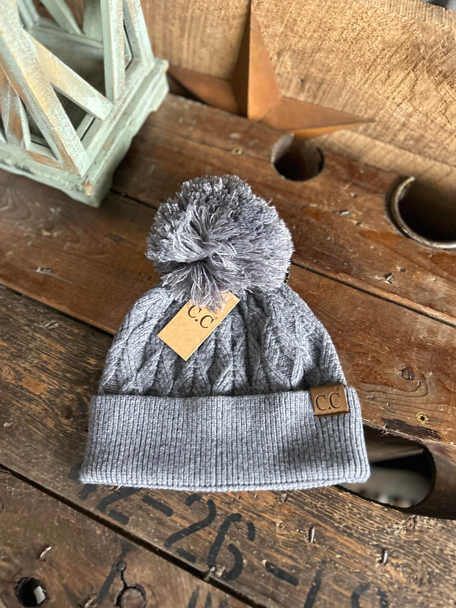 C.C Lurex Cable Knit Pom Beanie-Beanie/Gloves-C.C Beanies-Lucky J Boots & More, Women's, Men's, & Kids Western Store Located in Carthage, MO