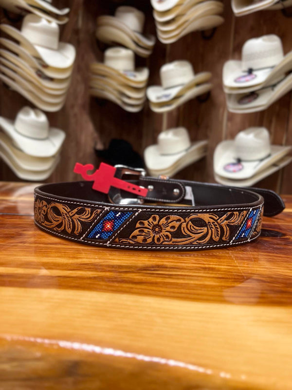 Men's Ranger Floral and Beads Brown Belt-Belts-WESTERN FASHION ACCESSORIES-Lucky J Boots & More, Women's, Men's, & Kids Western Store Located in Carthage, MO