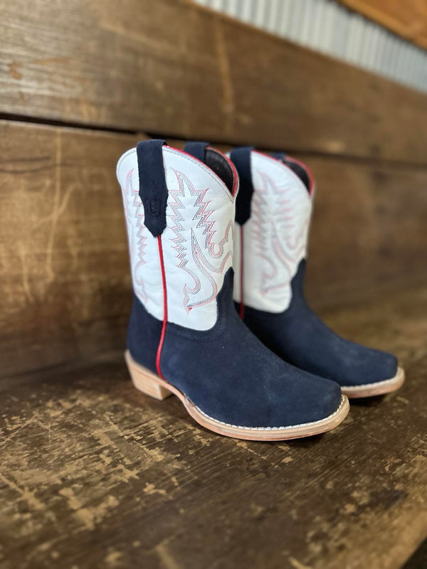 R Watson Kids Navy Rough Out/ Winter White Cowhide-Kids Boots-R. Watson-Lucky J Boots & More, Women's, Men's, & Kids Western Store Located in Carthage, MO