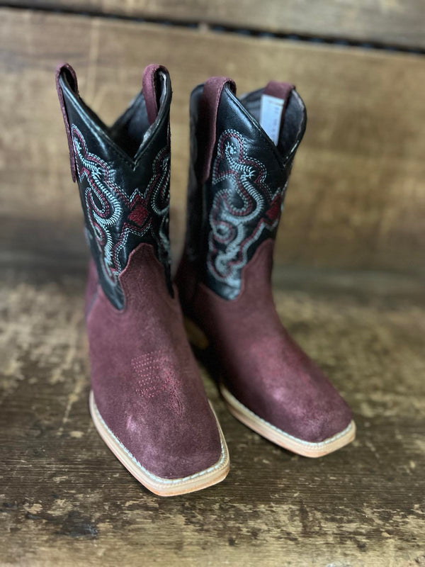 R Watson Kids Rhubarb Rough Out/ Black Cowhide-Kids Boots-R. Watson-Lucky J Boots & More, Women's, Men's, & Kids Western Store Located in Carthage, MO