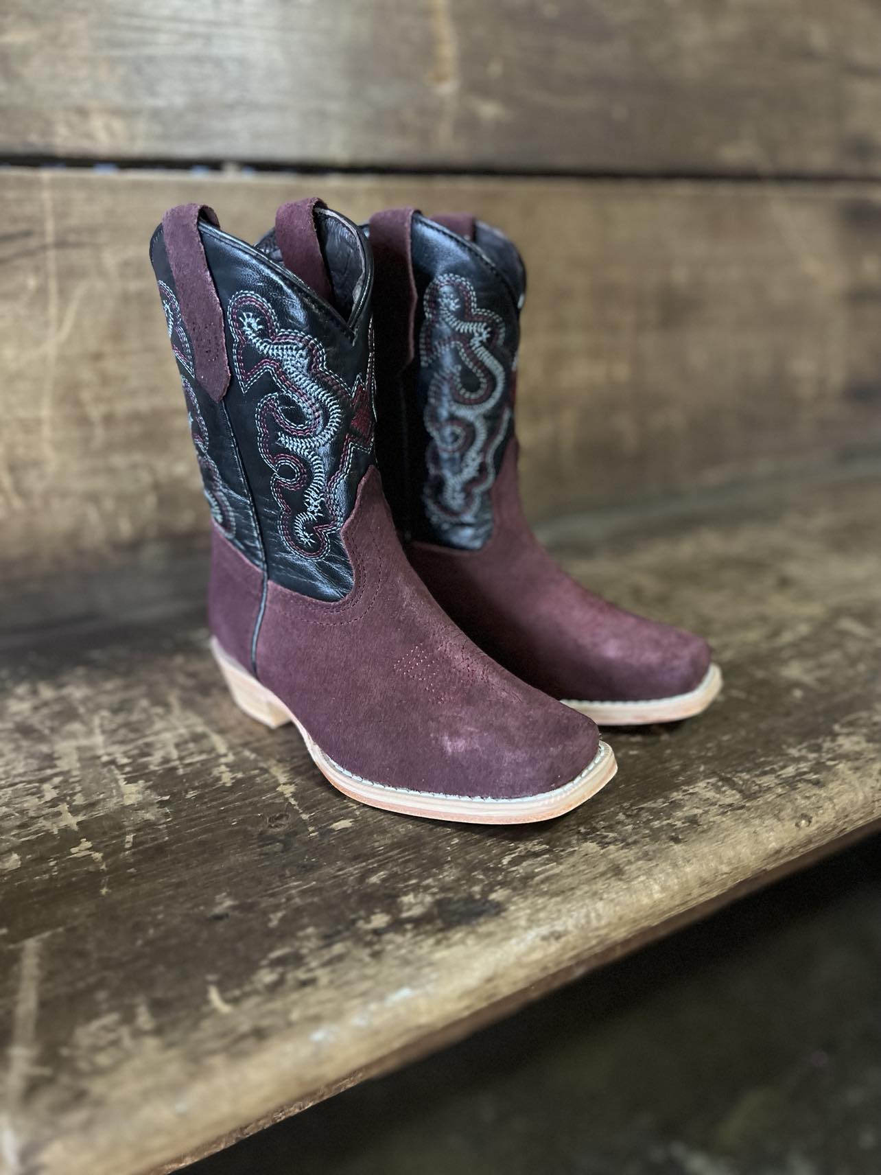 R Watson Kids Rhubarb Rough Out/ Black Cowhide-Kids Boots-R. Watson-Lucky J Boots & More, Women's, Men's, & Kids Western Store Located in Carthage, MO