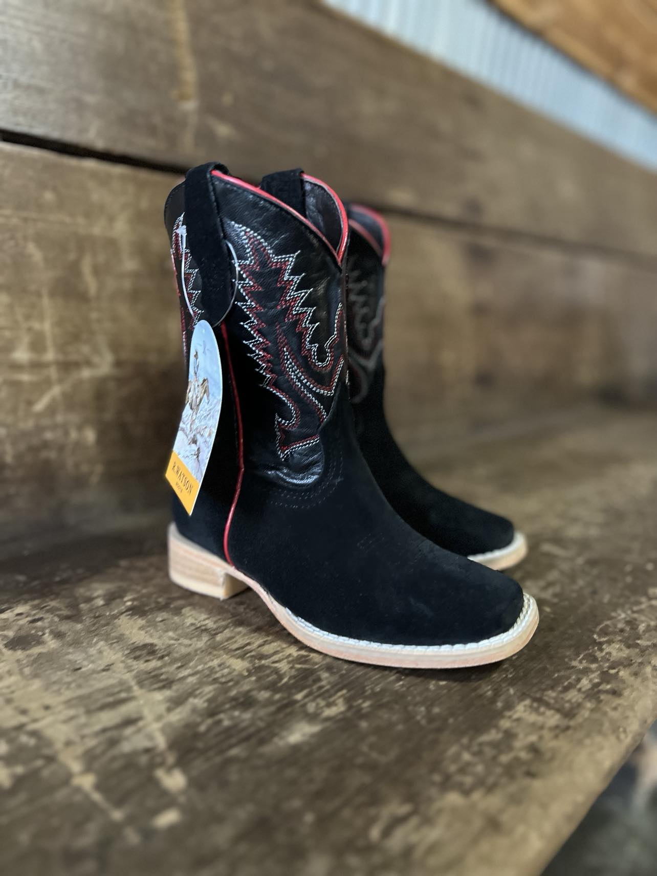 R Watson Kids Black Rough Out/ Black Cowhide-Kids Boots-R. Watson-Lucky J Boots & More, Women's, Men's, & Kids Western Store Located in Carthage, MO