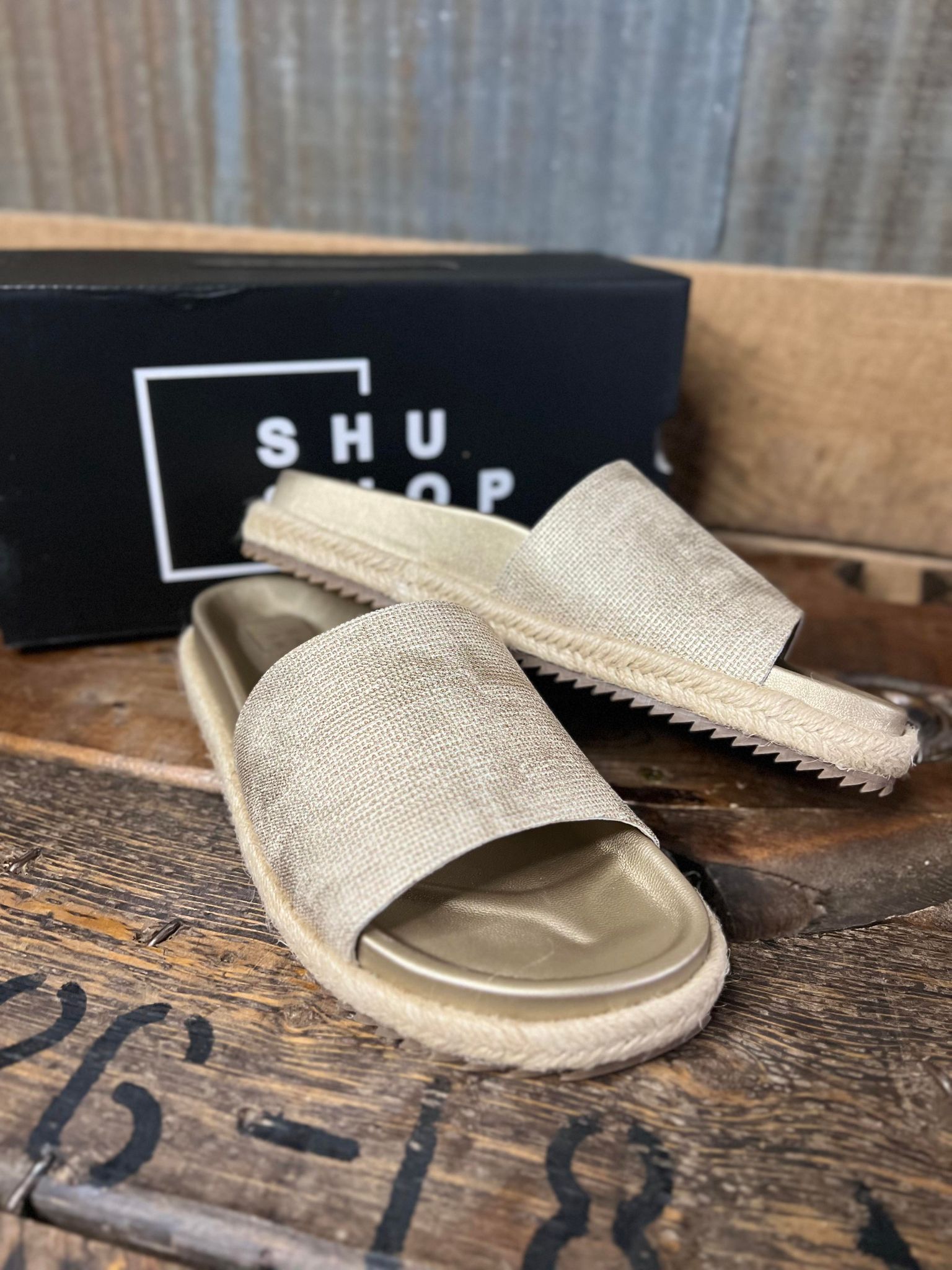 Shu Shop Crisanta Sandals in Gold Woven-Women's Casual Shoes-Shu Shop-Lucky J Boots & More, Women's, Men's, & Kids Western Store Located in Carthage, MO