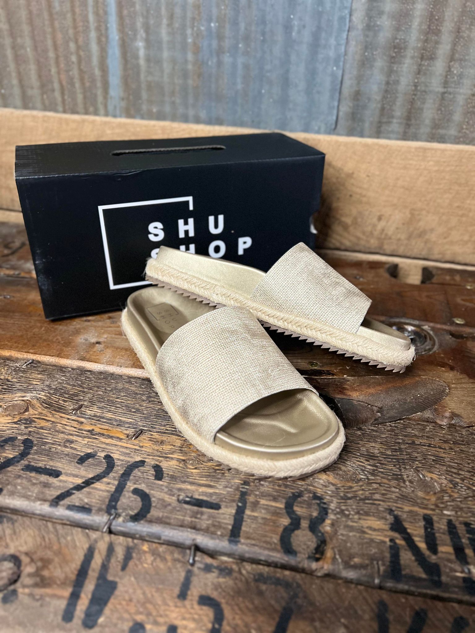 Shu Shop Crisanta Sandals in Gold Woven-Women's Casual Shoes-Shu Shop-Lucky J Boots & More, Women's, Men's, & Kids Western Store Located in Carthage, MO