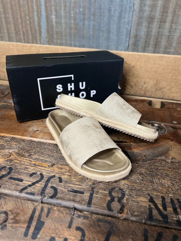 Shu Shop Crisanta Sandals in Gold Woven *Final Sale*-Women's Casual Shoes-Shu Shop-Lucky J Boots & More, Women's, Men's, & Kids Western Store Located in Carthage, MO