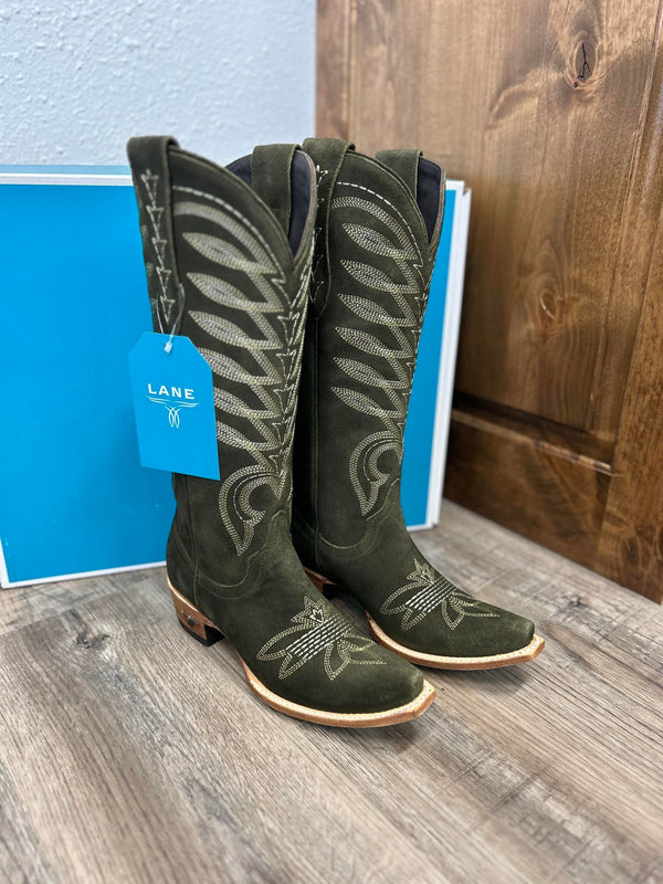 ﻿Lane Boots Olive Suede Squash Blossom-Women's Booties-Lane Boots-Lucky J Boots & More, Women's, Men's, & Kids Western Store Located in Carthage, MO