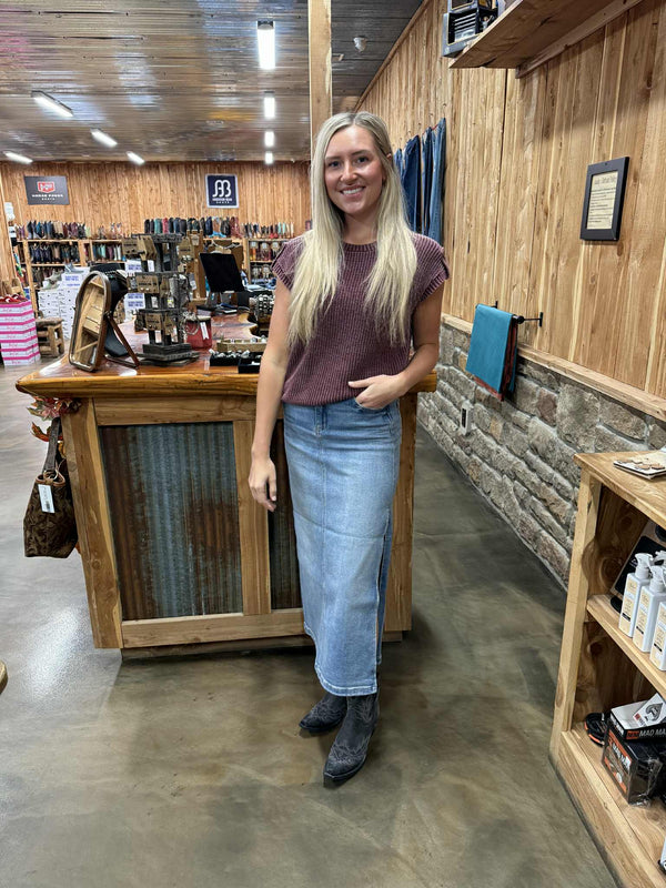 Hidden Holly Denim Midi Skirt