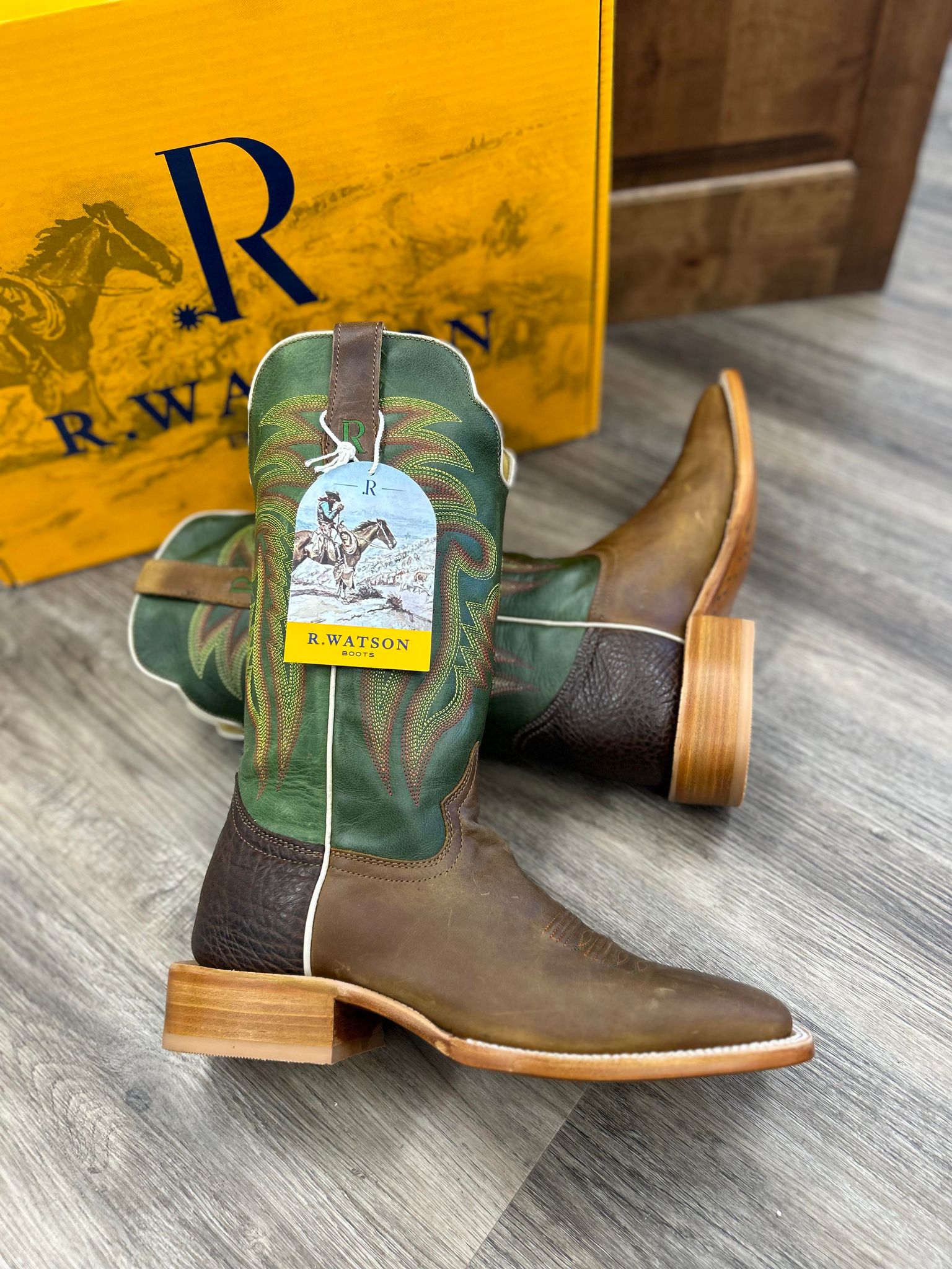 Men's R. Watson Mad Cat Tan & Emerald Green Boots-Men's Boots-R. Watson-Lucky J Boots & More, Women's, Men's, & Kids Western Store Located in Carthage, MO