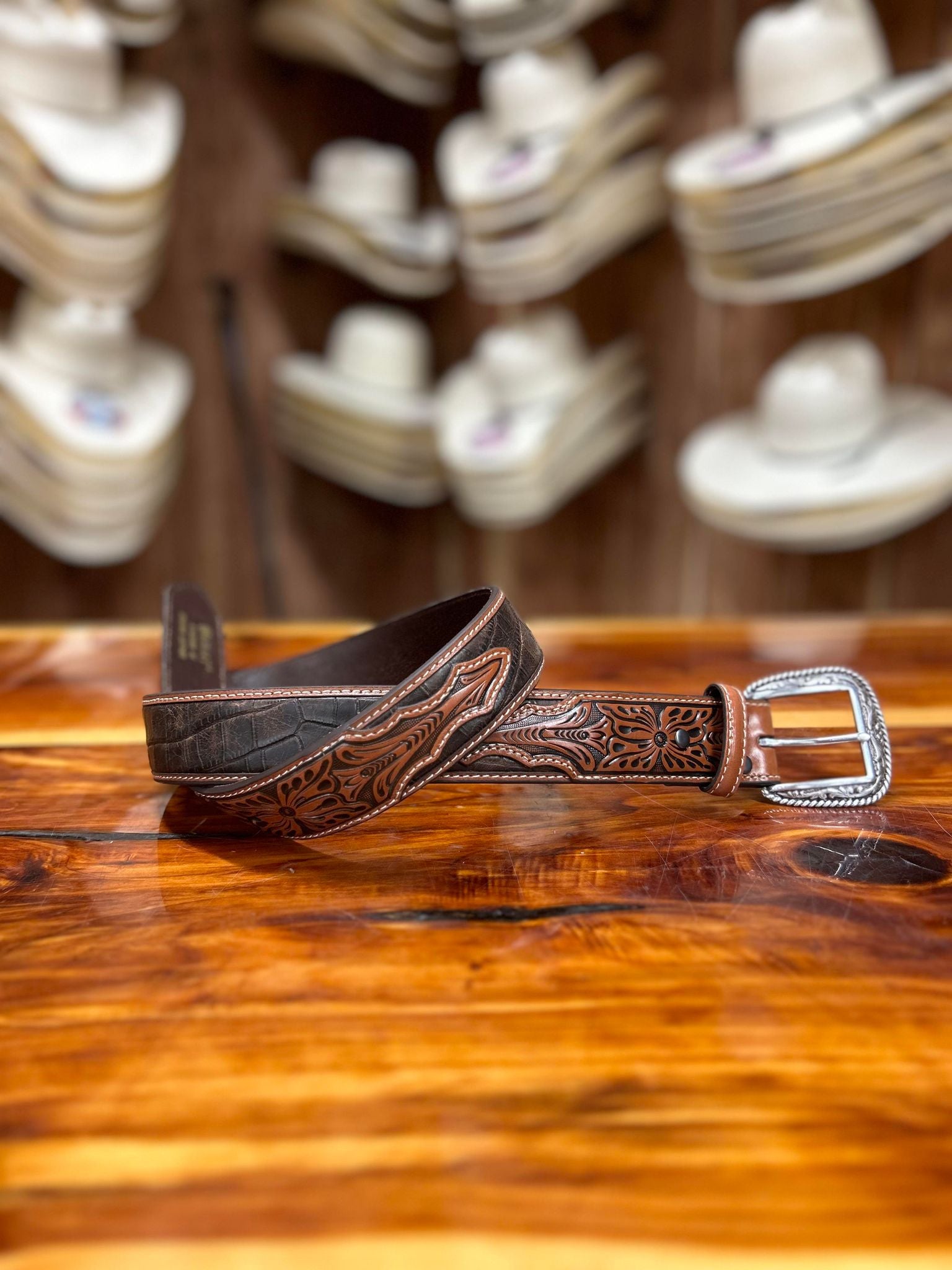 Ariat Croc & Floral Chocolate Belt-Belts-Ariat-Lucky J Boots & More, Women's, Men's, & Kids Western Store Located in Carthage, MO